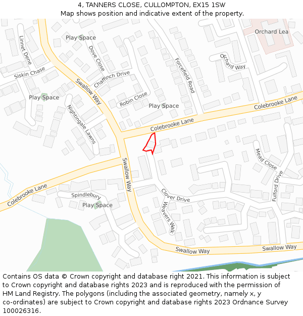 4, TANNERS CLOSE, CULLOMPTON, EX15 1SW: Location map and indicative extent of plot