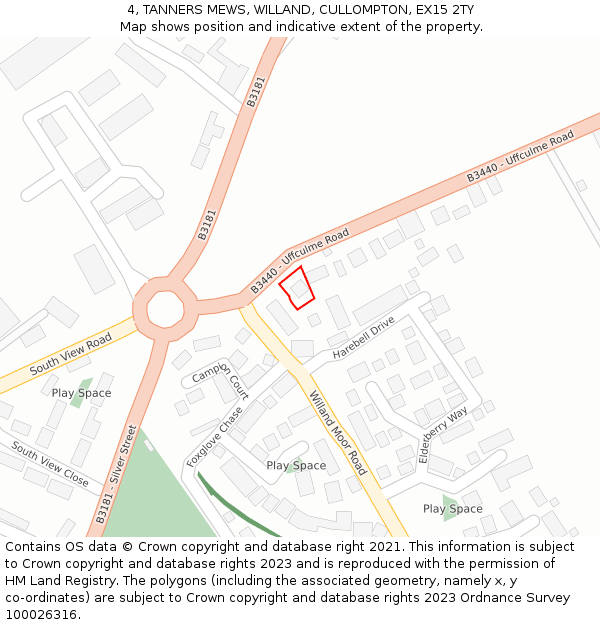 4, TANNERS MEWS, WILLAND, CULLOMPTON, EX15 2TY: Location map and indicative extent of plot