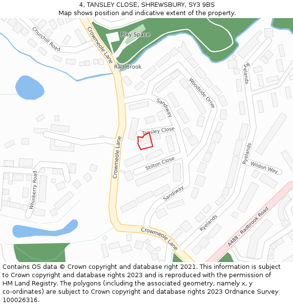 4, TANSLEY CLOSE, SHREWSBURY, SY3 9BS: Location map and indicative extent of plot