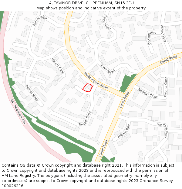 4, TAVINOR DRIVE, CHIPPENHAM, SN15 3FU: Location map and indicative extent of plot