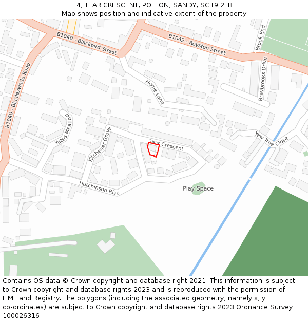 4, TEAR CRESCENT, POTTON, SANDY, SG19 2FB: Location map and indicative extent of plot