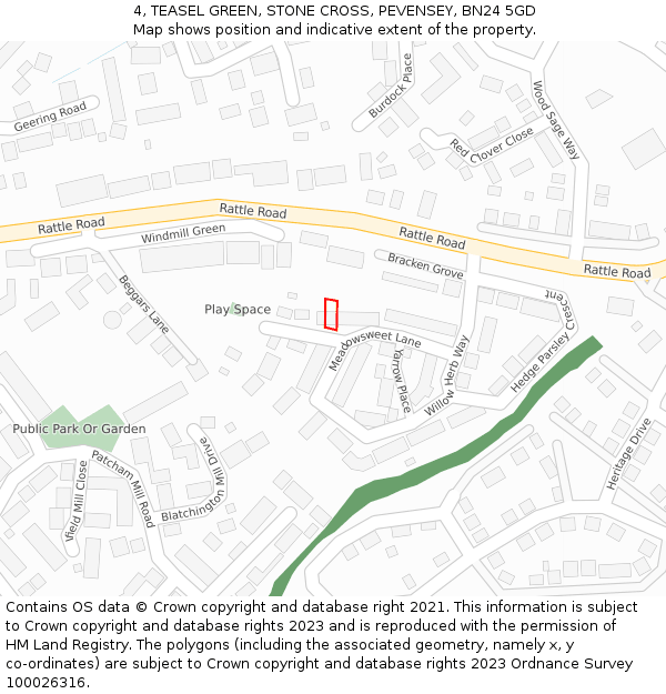 4, TEASEL GREEN, STONE CROSS, PEVENSEY, BN24 5GD: Location map and indicative extent of plot