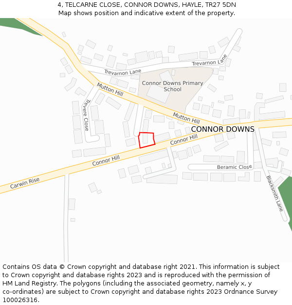 4, TELCARNE CLOSE, CONNOR DOWNS, HAYLE, TR27 5DN: Location map and indicative extent of plot
