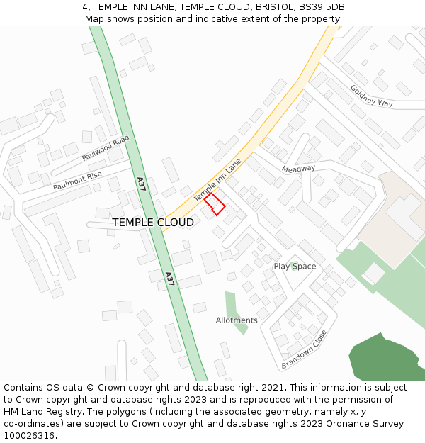 4, TEMPLE INN LANE, TEMPLE CLOUD, BRISTOL, BS39 5DB: Location map and indicative extent of plot