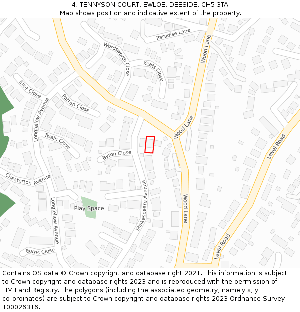 4, TENNYSON COURT, EWLOE, DEESIDE, CH5 3TA: Location map and indicative extent of plot