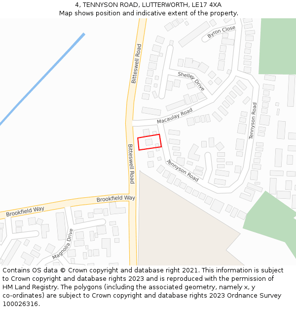 4, TENNYSON ROAD, LUTTERWORTH, LE17 4XA: Location map and indicative extent of plot