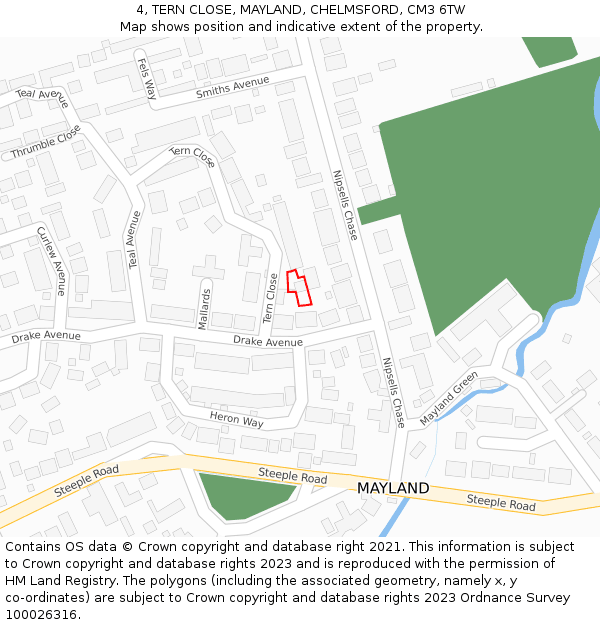 4, TERN CLOSE, MAYLAND, CHELMSFORD, CM3 6TW: Location map and indicative extent of plot