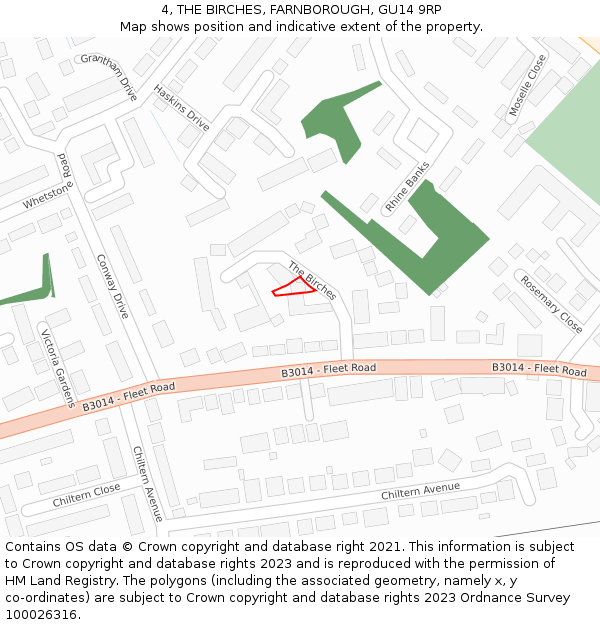 4, THE BIRCHES, FARNBOROUGH, GU14 9RP: Location map and indicative extent of plot