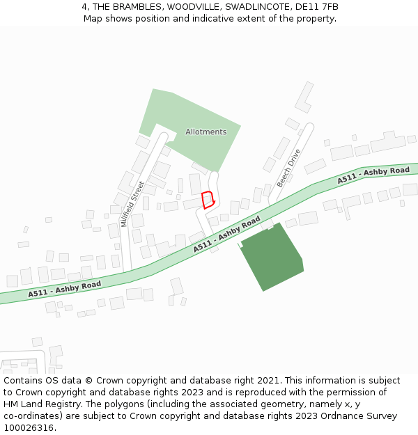 4, THE BRAMBLES, WOODVILLE, SWADLINCOTE, DE11 7FB: Location map and indicative extent of plot