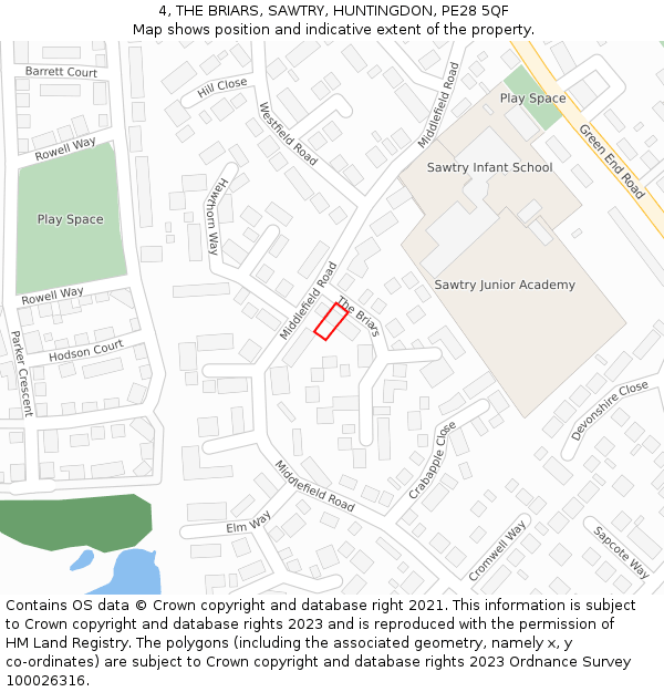 4, THE BRIARS, SAWTRY, HUNTINGDON, PE28 5QF: Location map and indicative extent of plot