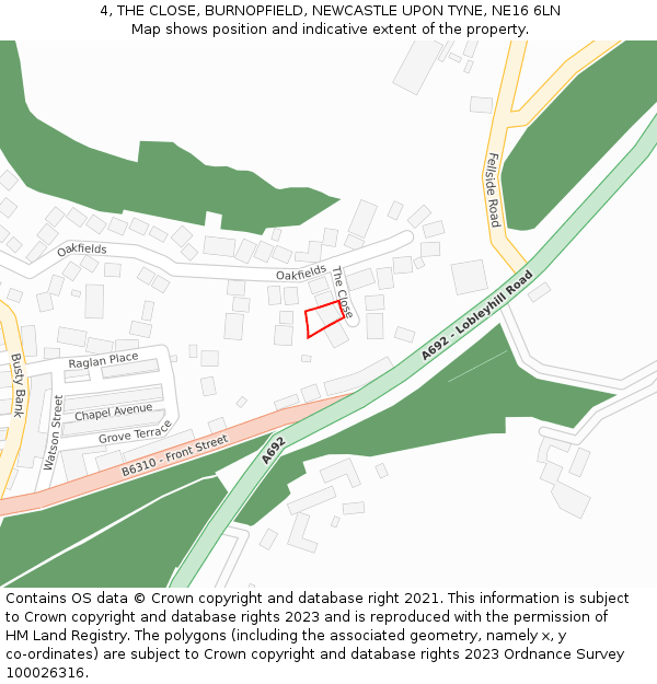4, THE CLOSE, BURNOPFIELD, NEWCASTLE UPON TYNE, NE16 6LN: Location map and indicative extent of plot