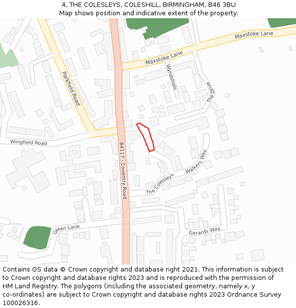 4, THE COLESLEYS, COLESHILL, BIRMINGHAM, B46 3BU: Location map and indicative extent of plot