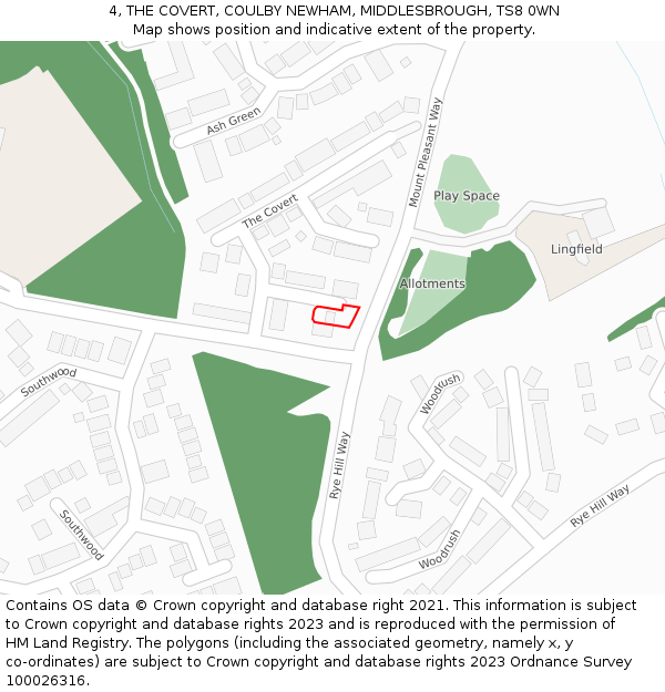 4, THE COVERT, COULBY NEWHAM, MIDDLESBROUGH, TS8 0WN: Location map and indicative extent of plot