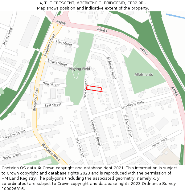 4, THE CRESCENT, ABERKENFIG, BRIDGEND, CF32 9PU: Location map and indicative extent of plot