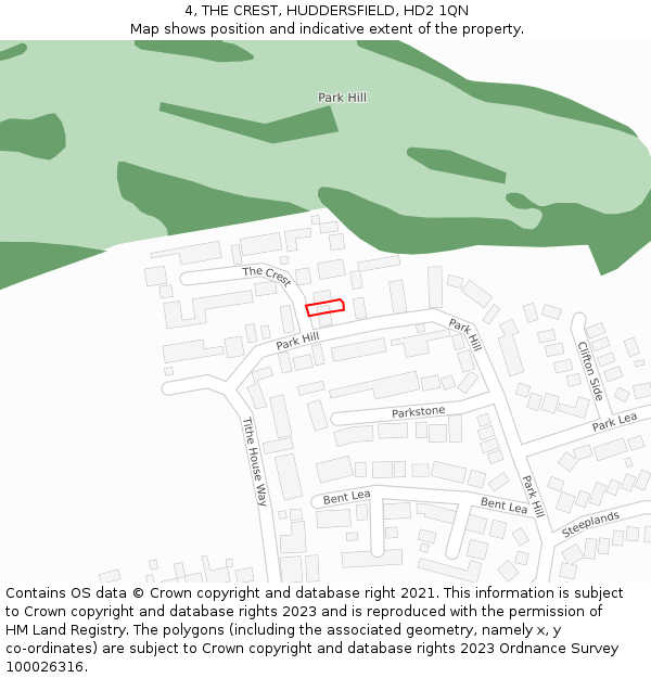 4, THE CREST, HUDDERSFIELD, HD2 1QN: Location map and indicative extent of plot