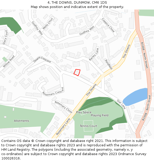 4, THE DOWNS, DUNMOW, CM6 1DS: Location map and indicative extent of plot