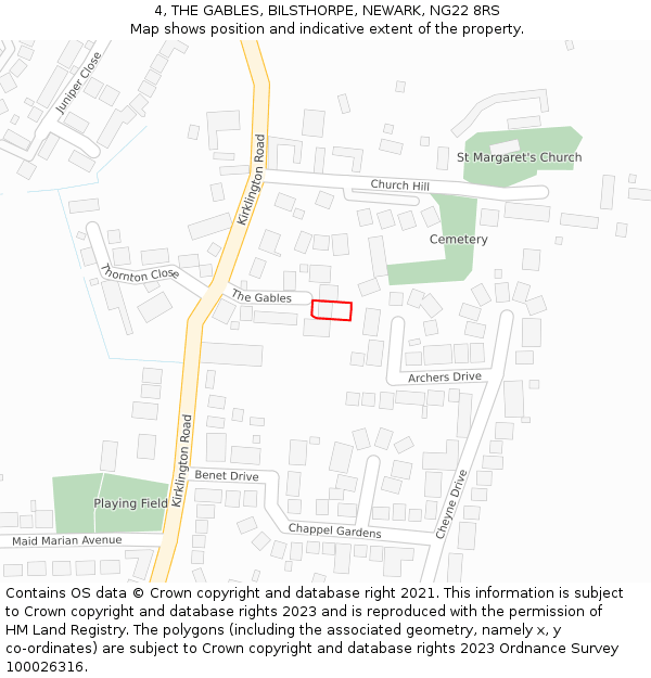 4, THE GABLES, BILSTHORPE, NEWARK, NG22 8RS: Location map and indicative extent of plot