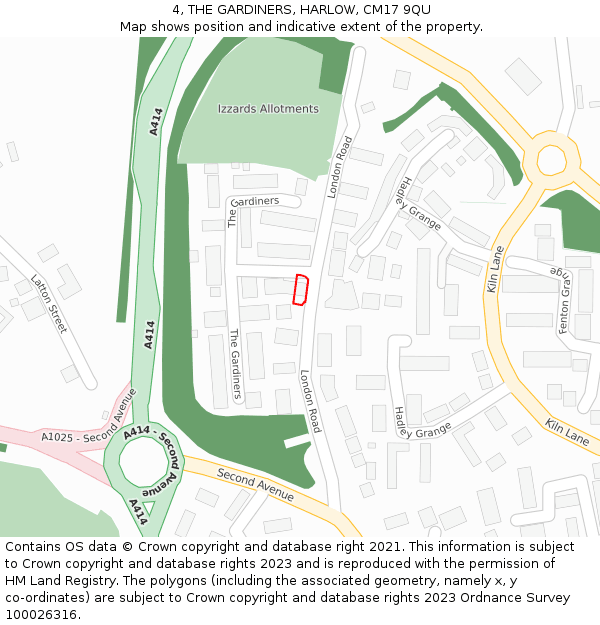 4, THE GARDINERS, HARLOW, CM17 9QU: Location map and indicative extent of plot