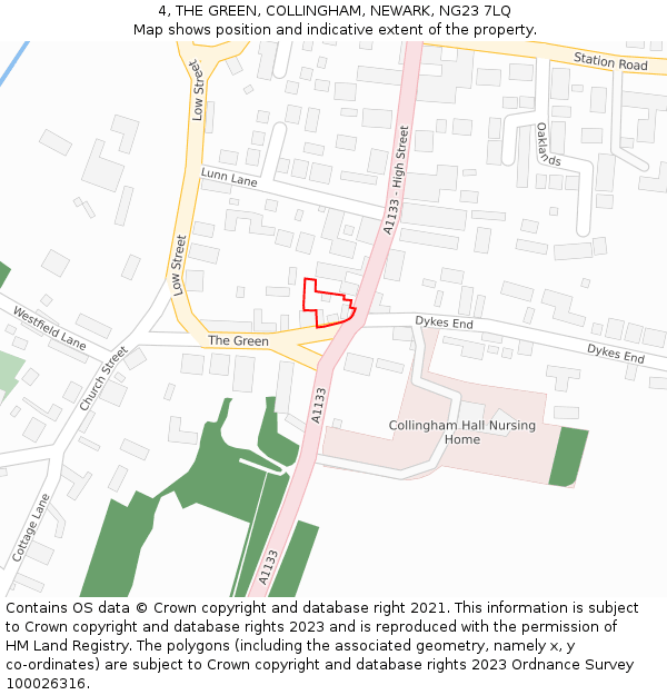 4, THE GREEN, COLLINGHAM, NEWARK, NG23 7LQ: Location map and indicative extent of plot