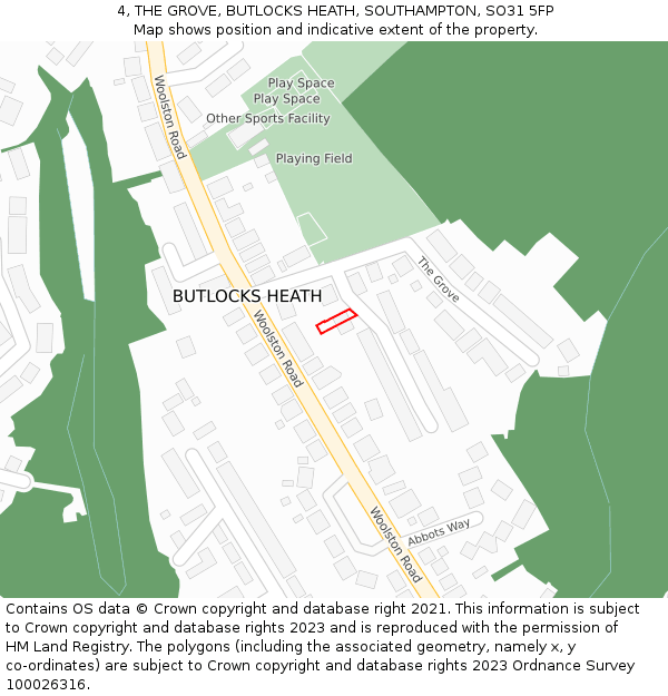 4, THE GROVE, BUTLOCKS HEATH, SOUTHAMPTON, SO31 5FP: Location map and indicative extent of plot