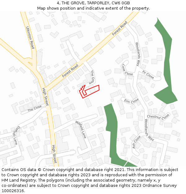 4, THE GROVE, TARPORLEY, CW6 0GB: Location map and indicative extent of plot