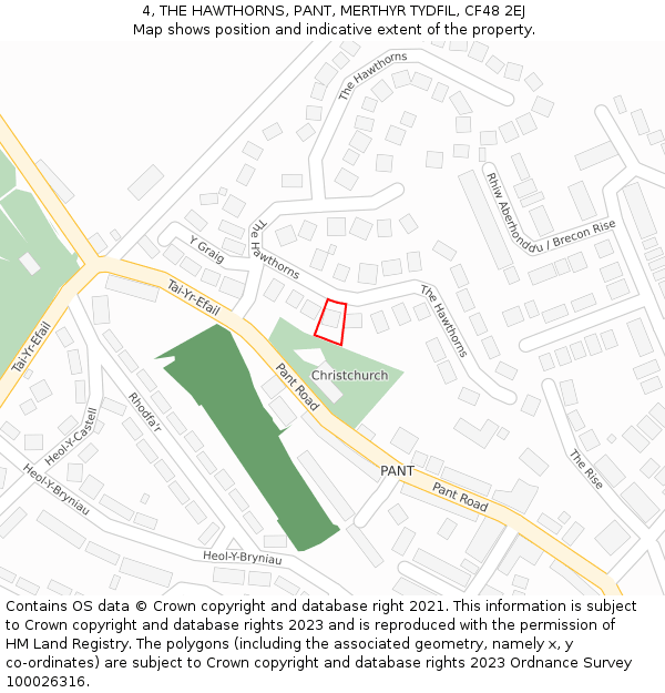 4, THE HAWTHORNS, PANT, MERTHYR TYDFIL, CF48 2EJ: Location map and indicative extent of plot