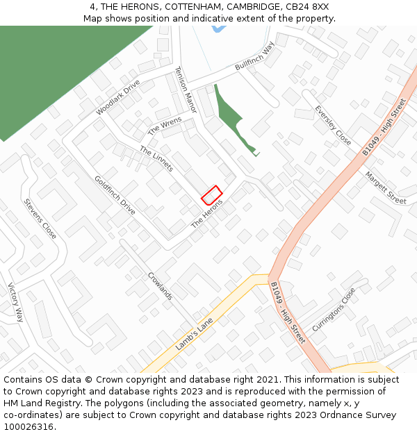 4, THE HERONS, COTTENHAM, CAMBRIDGE, CB24 8XX: Location map and indicative extent of plot