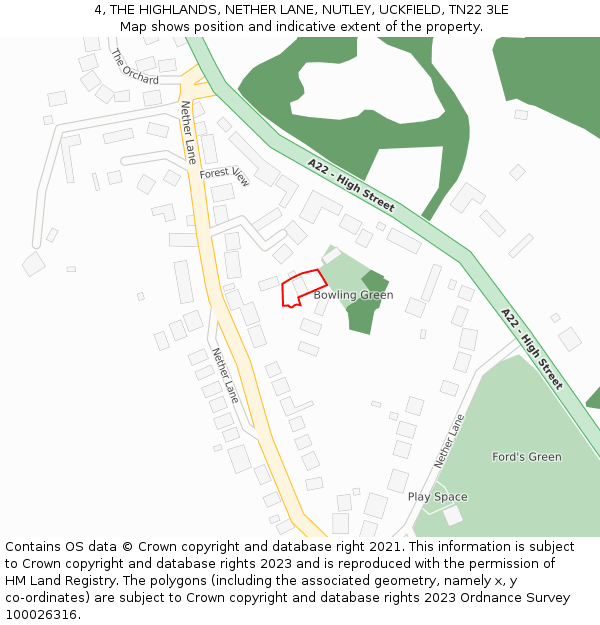 4, THE HIGHLANDS, NETHER LANE, NUTLEY, UCKFIELD, TN22 3LE: Location map and indicative extent of plot