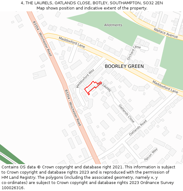 4, THE LAURELS, OATLANDS CLOSE, BOTLEY, SOUTHAMPTON, SO32 2EN: Location map and indicative extent of plot