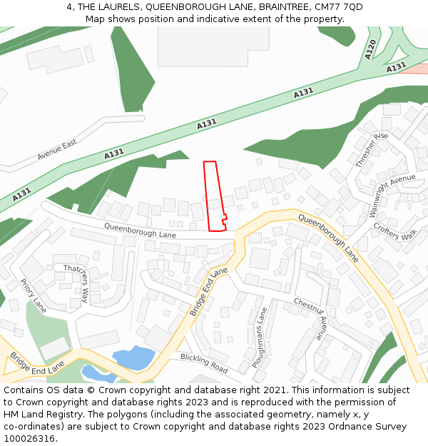 4, THE LAURELS, QUEENBOROUGH LANE, BRAINTREE, CM77 7QD: Location map and indicative extent of plot