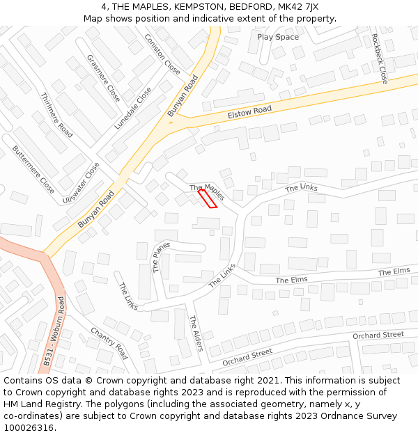 4, THE MAPLES, KEMPSTON, BEDFORD, MK42 7JX: Location map and indicative extent of plot