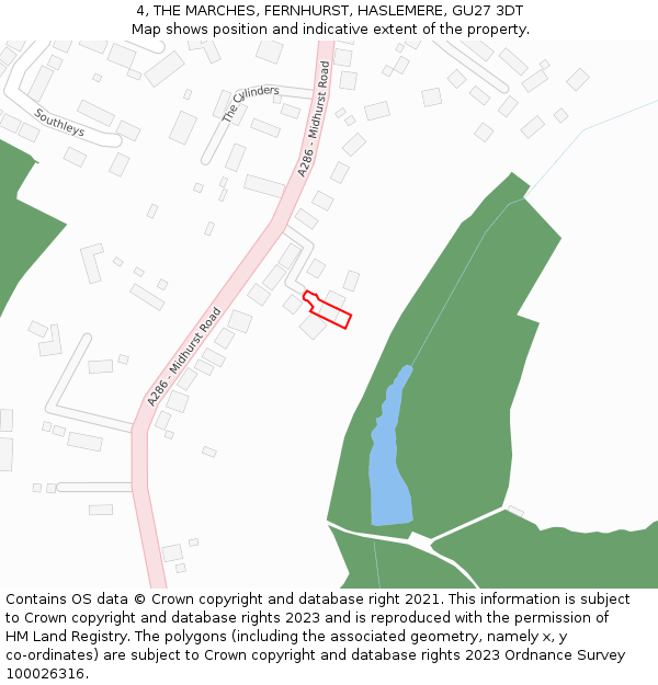 4, THE MARCHES, FERNHURST, HASLEMERE, GU27 3DT: Location map and indicative extent of plot