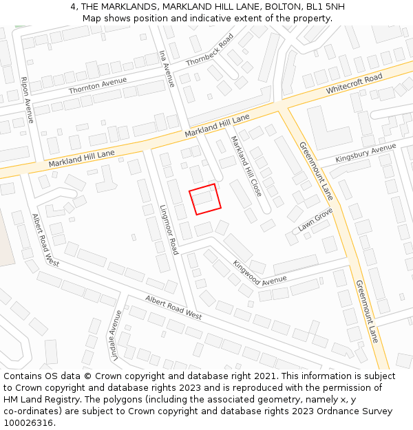 4, THE MARKLANDS, MARKLAND HILL LANE, BOLTON, BL1 5NH: Location map and indicative extent of plot