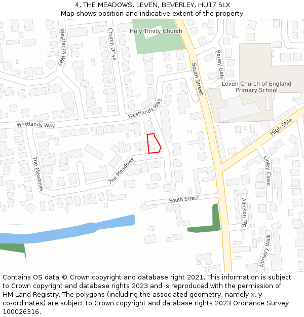 4, THE MEADOWS, LEVEN, BEVERLEY, HU17 5LX: Location map and indicative extent of plot