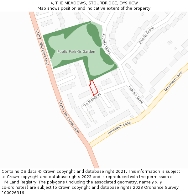 4, THE MEADOWS, STOURBRIDGE, DY9 0GW: Location map and indicative extent of plot