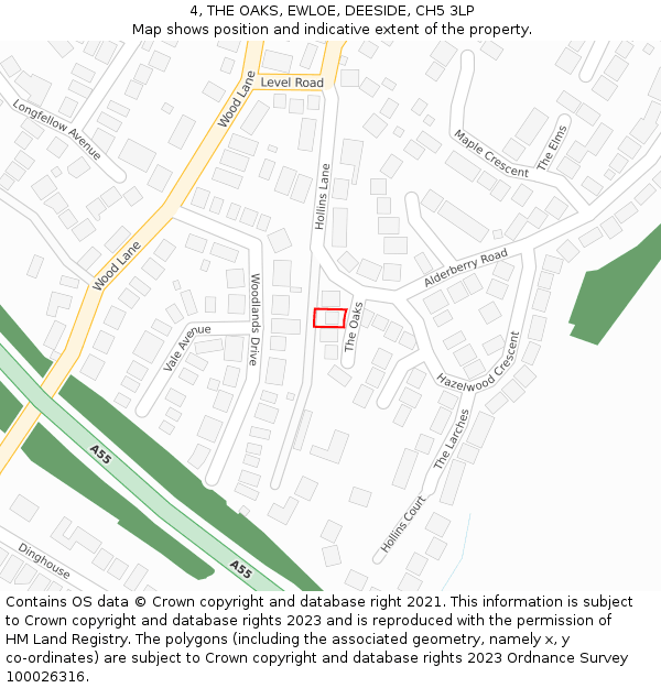 4, THE OAKS, EWLOE, DEESIDE, CH5 3LP: Location map and indicative extent of plot