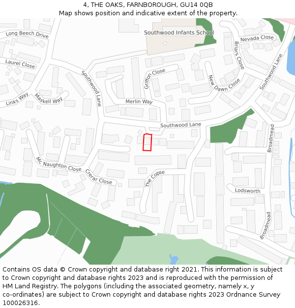 4, THE OAKS, FARNBOROUGH, GU14 0QB: Location map and indicative extent of plot