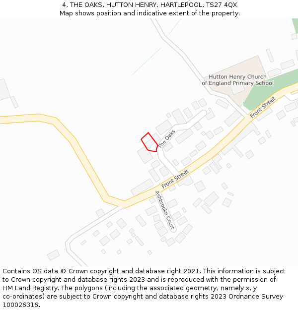4, THE OAKS, HUTTON HENRY, HARTLEPOOL, TS27 4QX: Location map and indicative extent of plot