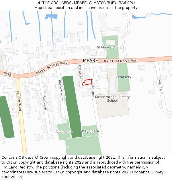 4, THE ORCHARDS, MEARE, GLASTONBURY, BA6 9PU: Location map and indicative extent of plot