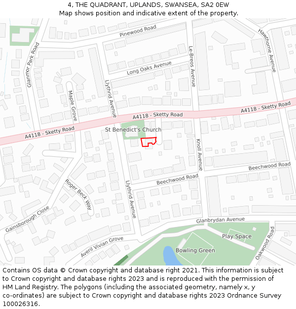 4, THE QUADRANT, UPLANDS, SWANSEA, SA2 0EW: Location map and indicative extent of plot