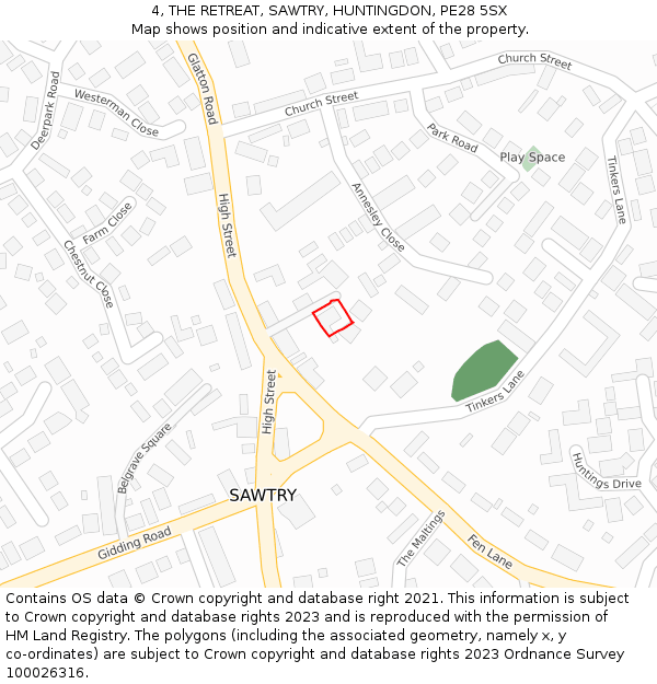 4, THE RETREAT, SAWTRY, HUNTINGDON, PE28 5SX: Location map and indicative extent of plot