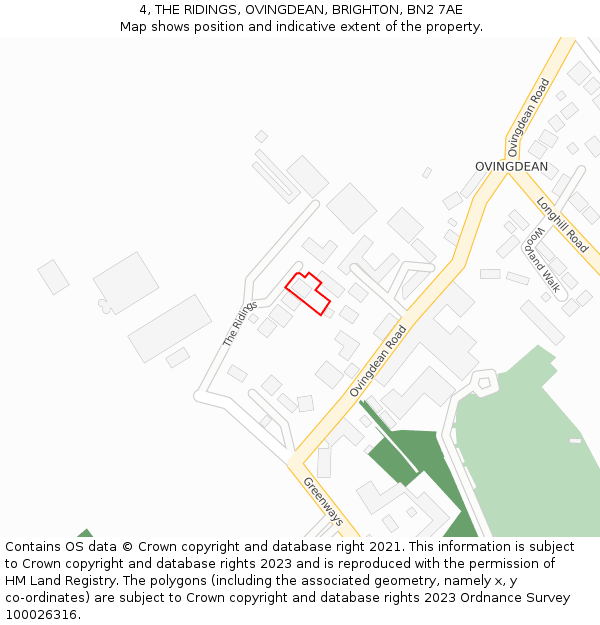 4, THE RIDINGS, OVINGDEAN, BRIGHTON, BN2 7AE: Location map and indicative extent of plot
