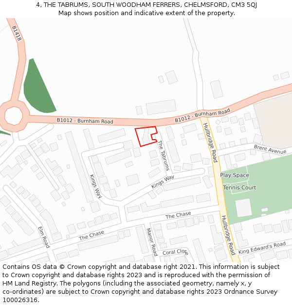 4, THE TABRUMS, SOUTH WOODHAM FERRERS, CHELMSFORD, CM3 5QJ: Location map and indicative extent of plot