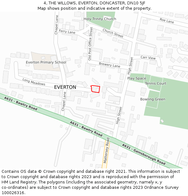 4, THE WILLOWS, EVERTON, DONCASTER, DN10 5JF: Location map and indicative extent of plot