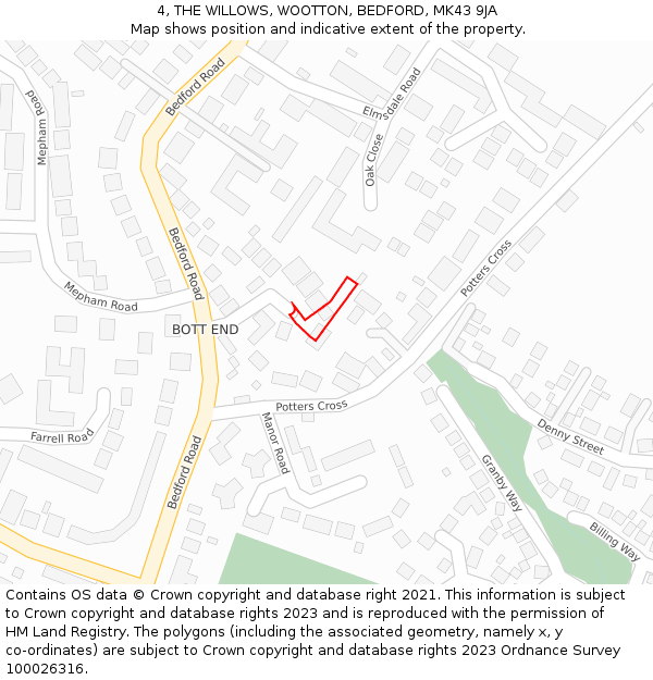 4, THE WILLOWS, WOOTTON, BEDFORD, MK43 9JA: Location map and indicative extent of plot