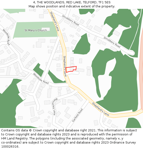 4, THE WOODLANDS, RED LAKE, TELFORD, TF1 5ES: Location map and indicative extent of plot