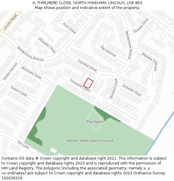 4, THIRLMERE CLOSE, NORTH HYKEHAM, LINCOLN, LN6 8ES: Location map and indicative extent of plot
