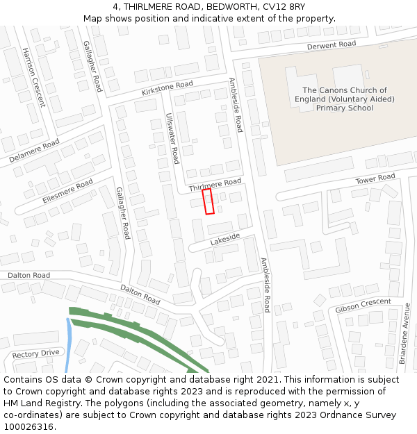 4, THIRLMERE ROAD, BEDWORTH, CV12 8RY: Location map and indicative extent of plot