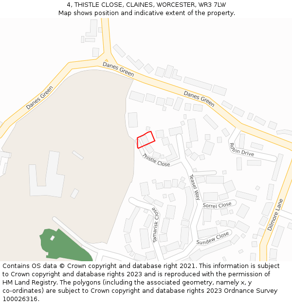 4, THISTLE CLOSE, CLAINES, WORCESTER, WR3 7LW: Location map and indicative extent of plot