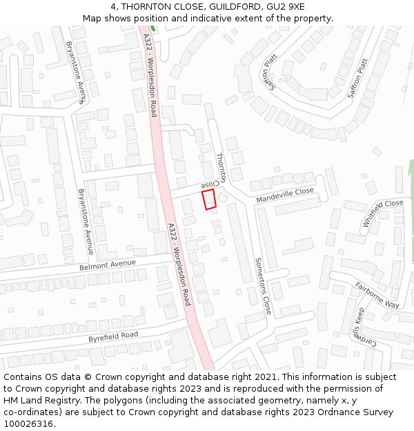 4, THORNTON CLOSE, GUILDFORD, GU2 9XE: Location map and indicative extent of plot